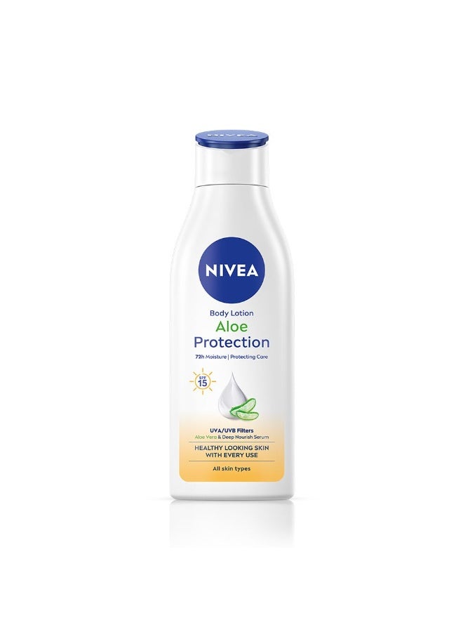 NIVEA Aloe Protection Body Lotion 200 ml | With Hyaluronic Acid & 72Hr Hydration | SPF 15 | Aloe Vera Extracts | Deep Moisture Serum | For Men & Women | All Skin Types